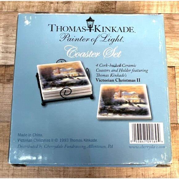 Thomas Kinkade Victorian Christmas II Ceramic Coaster Set With Metal Holder - Picture 1 of 6